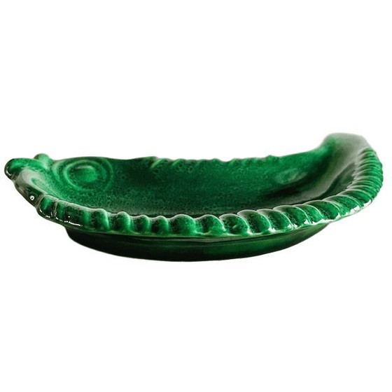 Image 1 of Antike französische Art-Deco-Fischschale aus Fayence, grün glasierte Keramik, Majolika, 1920er Jahre