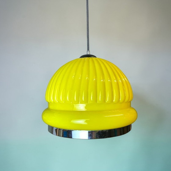 Image 1 of Large Space Age inspired yellow opaline ribbed glass dome hanging light for dining room, 1970s
