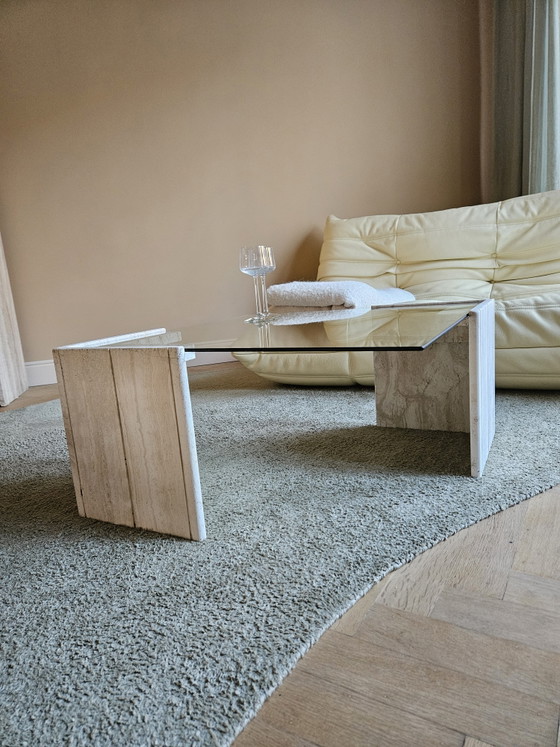 Image 1 of Salontafel in travertin met glas