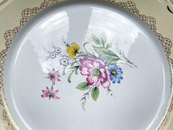 Vintage floraal wit geel goud porseleinen taartschaal L'Amandinoise 38754 Frankrijk jaren 50 – Servies (photo 5 of 6)