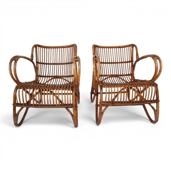 Image 1 of Frans paar vintage loungestoelen van rotan en bamboe, 1960