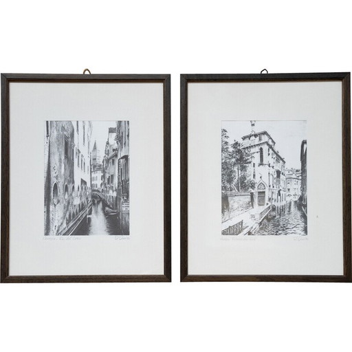 Paire de sérigraphies vintage en bois et verre de Nicholas d'Amico, 1980