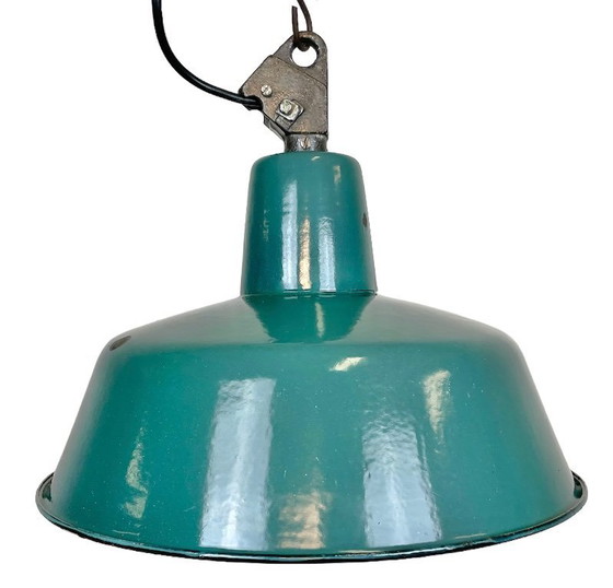 Image 1 of Industrial Petrol Enamel Factory Lamp with Cast Iron Top, 1960s