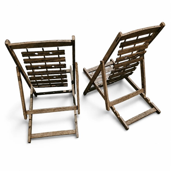 2 x chaises longues coloniales en bois massif pliables et lourdes / chaises longues / années 1960 – Transat (photo 2 of 9)
