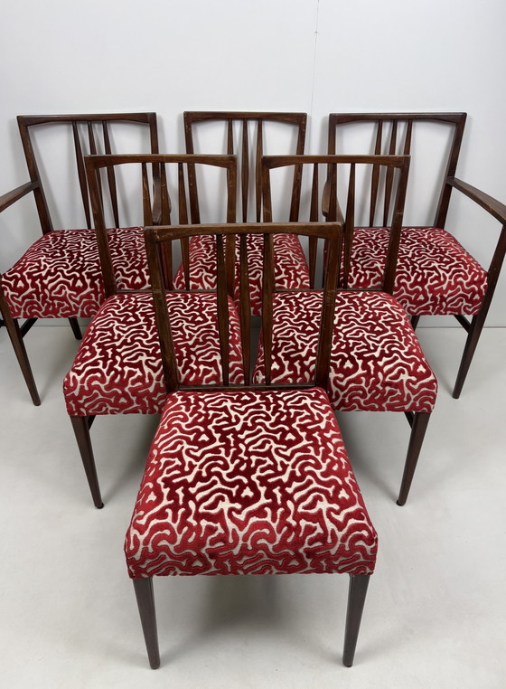 6 sedie da pranzo vintage Gordon Russell in legno con seduta stampata W.H. Curly Coral. – Velvet, Wood (photo 15 of 15)