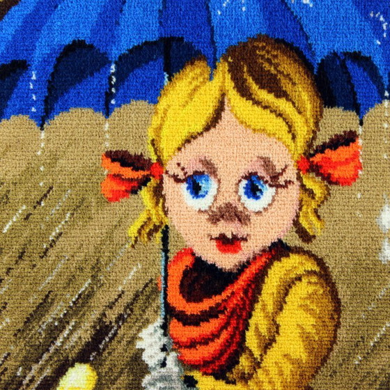 Image 1 of Large Vintage Tapestry Of Cartoon Girl In Frame, Czechoslovakia 1970s