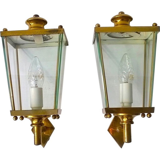 Par de lámparas de pared vintage de latón y cristal de Pietro Chiesa para Fontana Arte, 1950