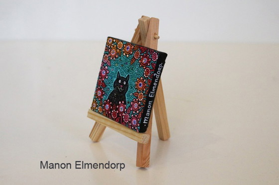 Image 1 of Cuadro único pintado a mano con burro y gato negro.