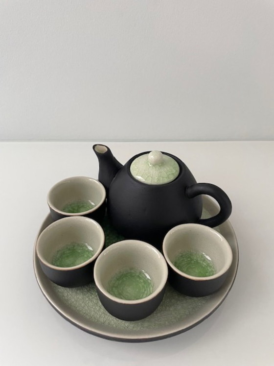 Image 1 of Elegante servizio da tè giapponese/asiatico in ceramica verde screpolata