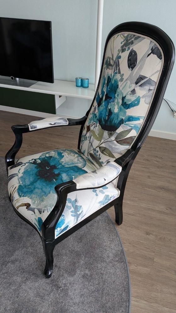 Armchair with floral print, Roche Bobois, Wood, Textile, Black, Vintage (photo 6 of 8)