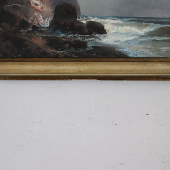 Image 1 of Seascape with Cliff, Oil Painting on Canvas, Italy 20th Century