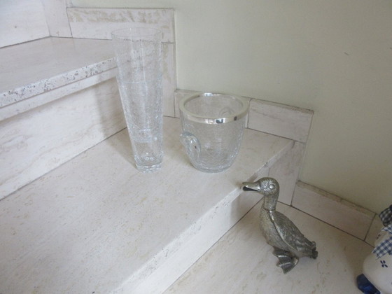 Image 1 of Crackle Glass Ice Bucket and 2 Matching Long Drink Glasses, mid century modern