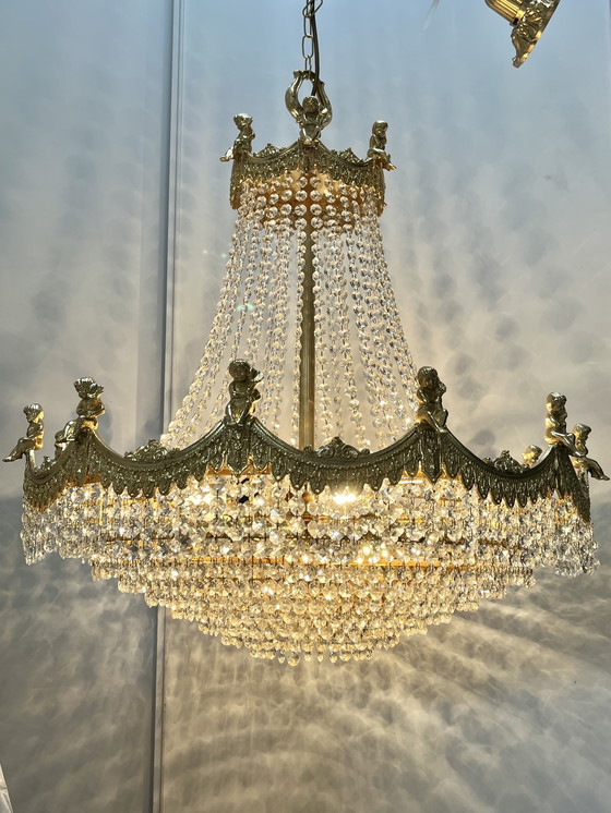 Image 1 of Lámpara de araña grande XL con ángeles putti de cristal SWAROVSKI