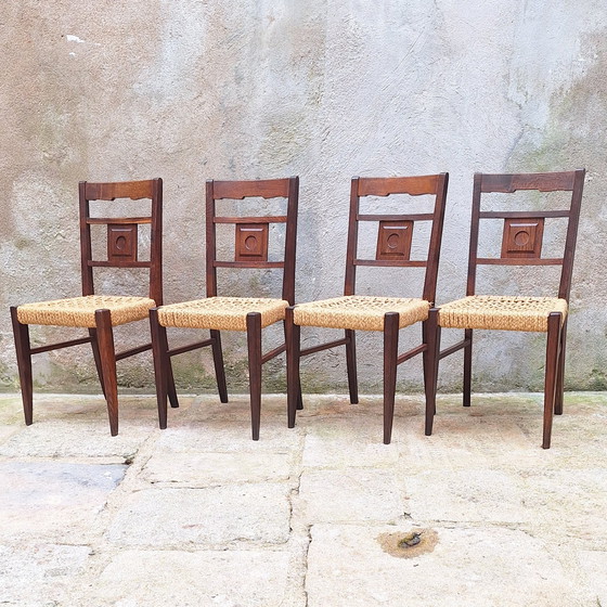 Image 1 of Set of 4 Oak and Rope Chairs by Audoux Minnet 50s