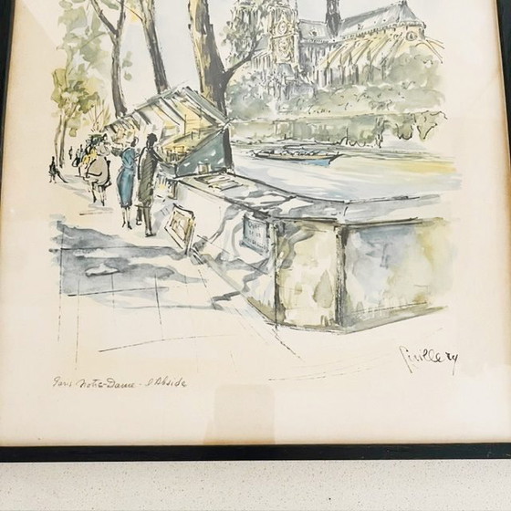 Image 1 of Vintage mid-century Guillery Lithograph Paris Notre Dame apse painting 1960s