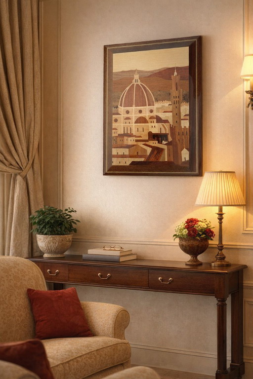 Peinture artisanale en marqueterie de bois représentant le panorama de Florence (dôme de Brunelleschi)