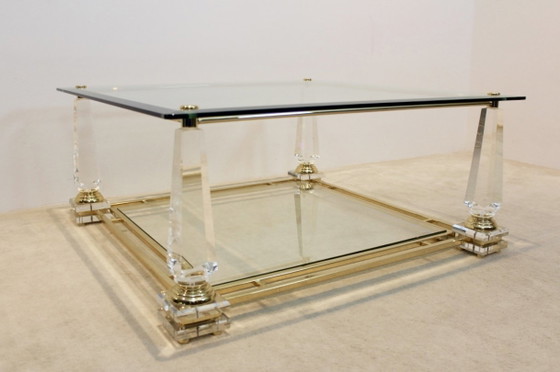 Lucite, Messing en Glas Obelisk Salontafel, Koffietafelboeken, Hollywood Regency (foto 9 van 10)