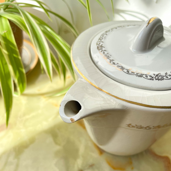 Image 1 of Set da tè/caffè vintage in porcellana bianca con motivo Madrid Moulin des Loups dorato