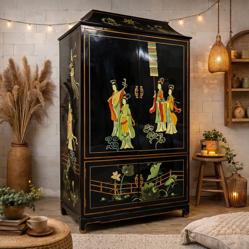 Vintage Chinese Pagoda kast tradioneel tafereel (bohemian / oosterse kast) tv kast