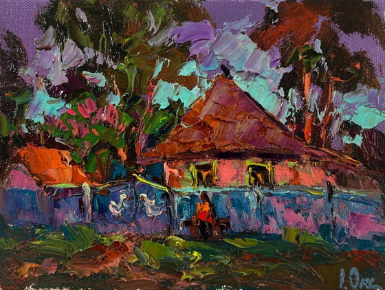 Original Oil Painting Summer Village Landscape Rural Evening in the Yard – Paintings & Drawings, Canvas (photo 3 of 8)