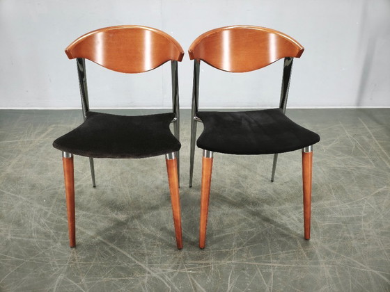Paco Capdell Set aus acht spanischen Esszimmerstühlen aus Chrom, Holz und Samt – Wood (photo 16 of 21)