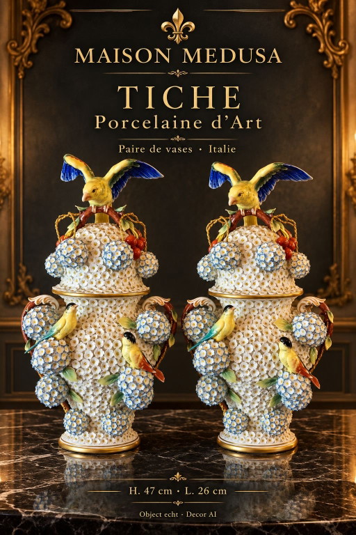 Paire de vases à couvercle en porcelaine Tiche avec oiseaux et fleurs — état neuf