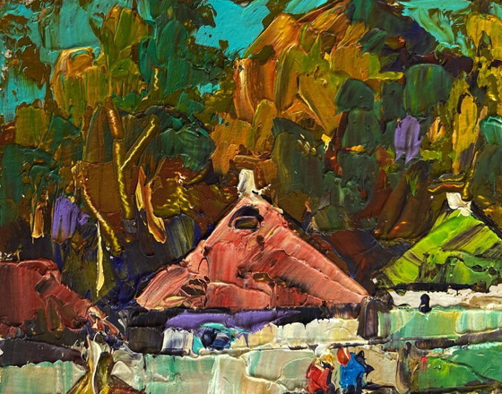 Image 1 of Original Oil Painting: Summer Village Landscape - They Are Sitting on a Bench in the Village