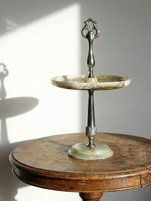 Rare display stand in green onyx and silver-plated metal, Italy, vintage 1935-1955