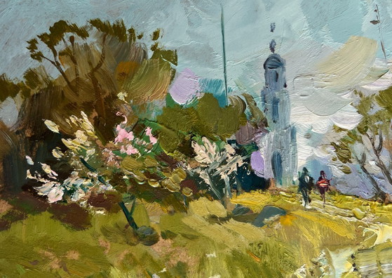 Image 1 of Original Oil Painting Summer Road Landscape The road to the church