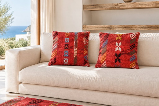 Set van 2 Handgeweven Marokkaanse Berber Wollen Kussentjeshoezen 45 × 45 cm | Authentiek Amazigh Textiel