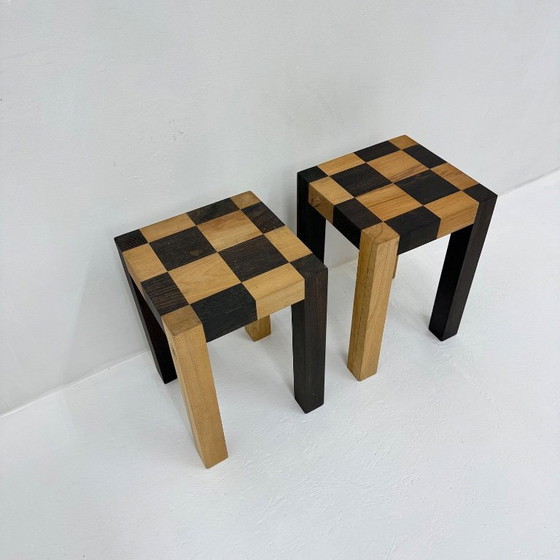 Image 1 of Set of 2 vintage wooden side tables, brown and light wood