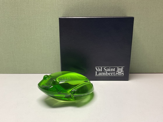 Image 1 of crystal green frog paperweight / Val Saint Lambert, designed by Katherine de Sousa.