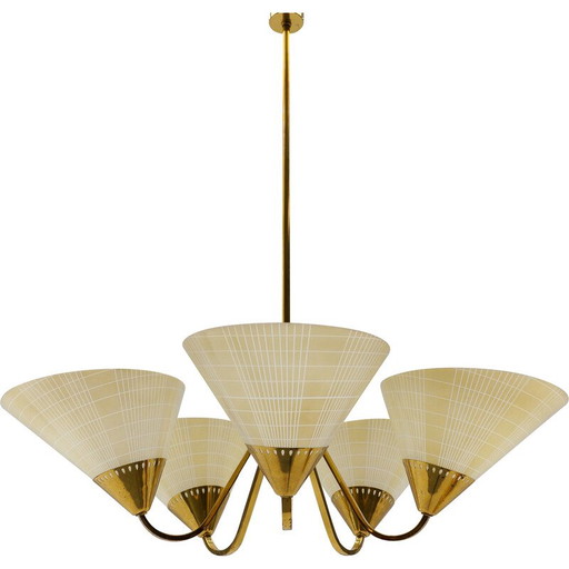 Plafonnier Spoutnik vintage à 5 lumières en verre et laiton, 1950