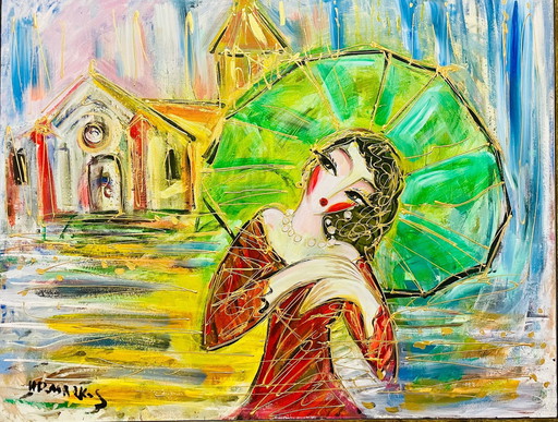 Toile d'artiste - HRASARKOS - Green Umbrella