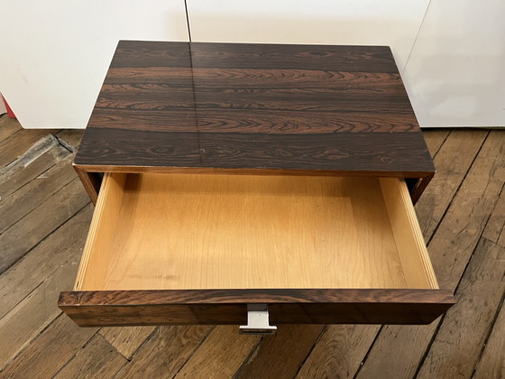 Image 1 of Vintage Rosewood Bedside Table - 70's - Chromed Metal Legs - Scandinavian Style - 1 Drawer - Minimalist Design
