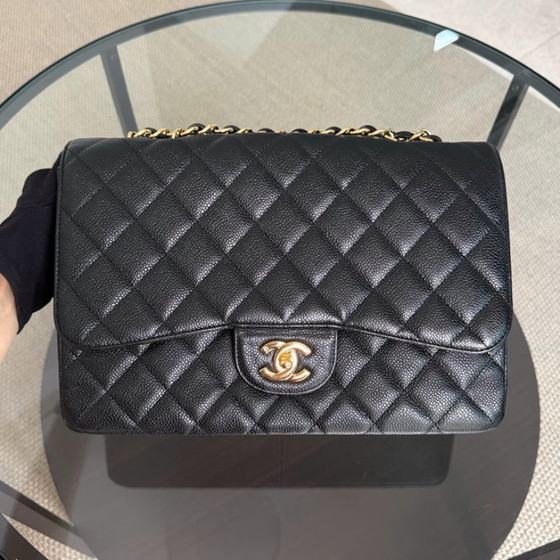 Image 1 of Chanel Classic Flap Jumbo - Caviar 30CM Single Flap Quilted Black 24K Gold Hardware Series 12