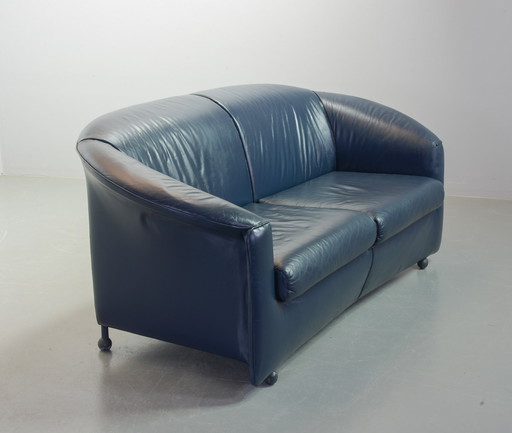 Wittmann Petrol Blue Soft Leather Two-Seat Sofa, Model Aura Designed by Paolo Piva. Austria, 1980s.