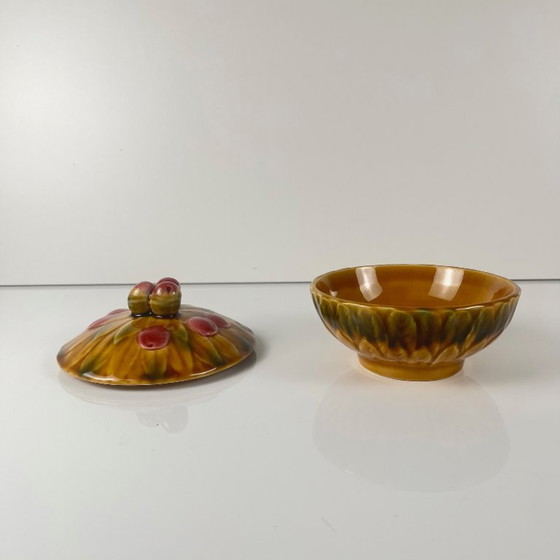 Image 1 of Sarreguemines "cherry" slipware sugar bowl, 1970