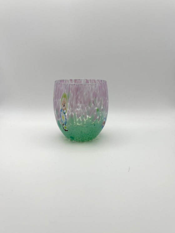 Image 1 of Set van 6 Venetiaanse glazen van geblazen glas met Murano-effect (murrine) in het glas verwerkt, handgemaakt in Italië.