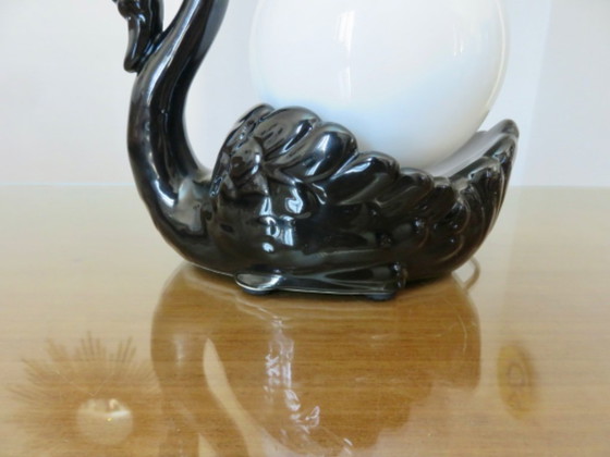 Image 1 of Black swan lamp in ceramic and opaline, black swan lamp, 1970