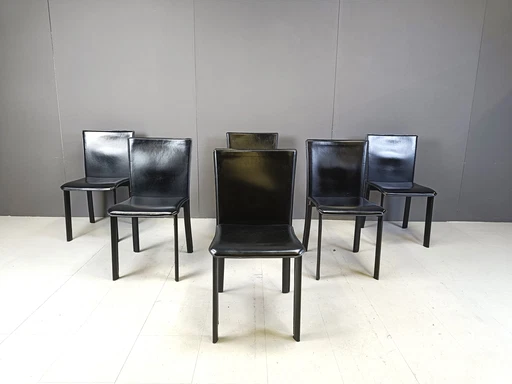 Chaises de salle à manger vintage en cuir noir par Cidue, ensemble de 6 - 1980S