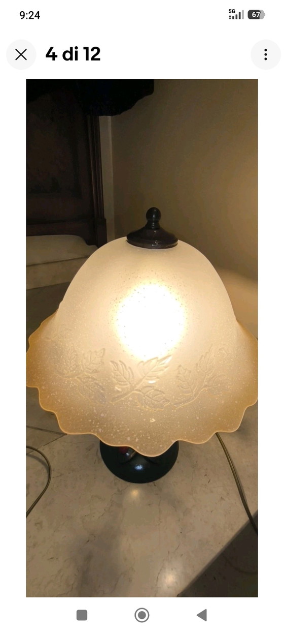 Vintage Fe Lamp Hand-Wrought by Master Blacksmith H. 38 cm and Porcelain Flowers Cap – Table lamps, Glass (photo 11 of 11)