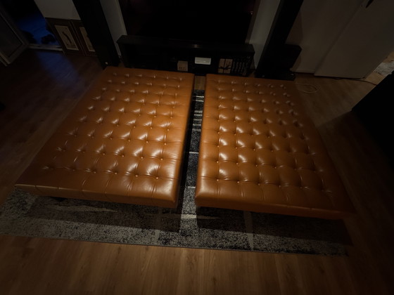 Image 1 of Large Tufted Leather Ottoman / Bench – Mid-Century Style – Cognac – 150 cm