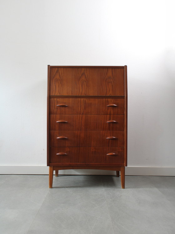Image 1 of Vintage Danish chest of drawers in teak with flap and mirror !