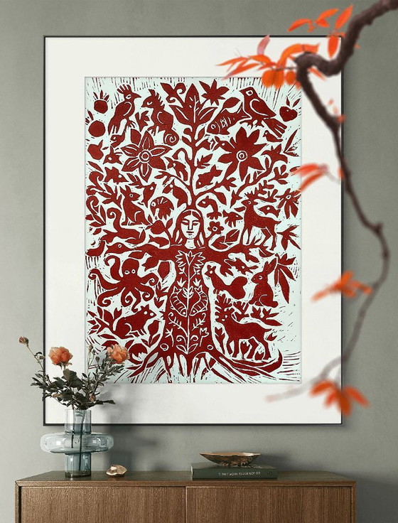 Image 1 of Linosnede van een boomvrouw: Botanische natuurkunst, A3, gelimiteerde oplage.