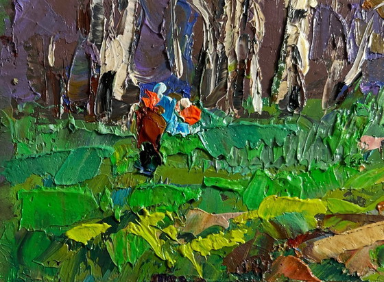 Image 1 of Original Oil Painting Gloomy Forest Landscape Blooming spring