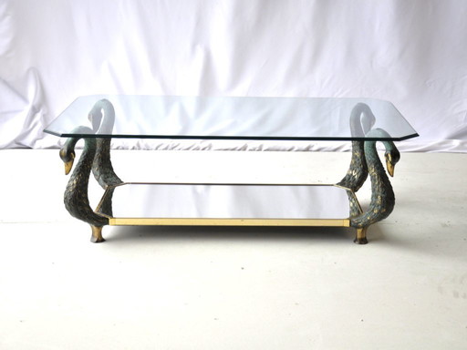 Table basse vintage en verre avec cadre sculptural en forme de cygne et plateau en verre