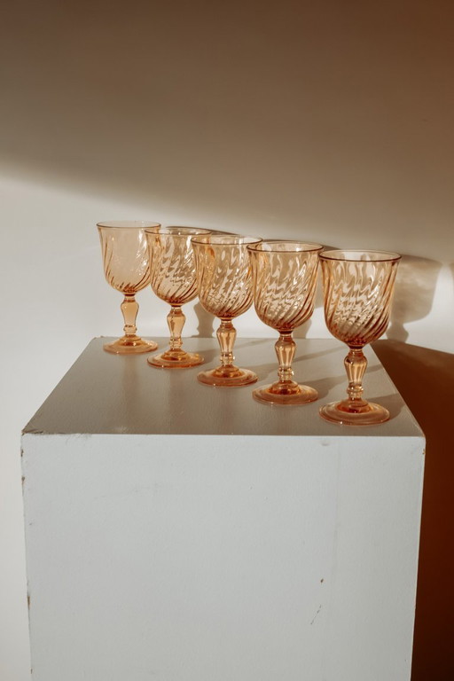 5 bicchieri da vino vintage Rosaline rosa a spirale
