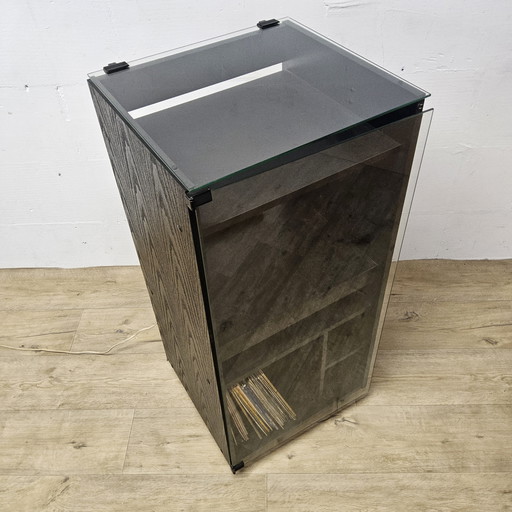 Meuble vintage pour tourne-disques (années 1960) - Meuble de rangement pour disques vinyles en bois et verre