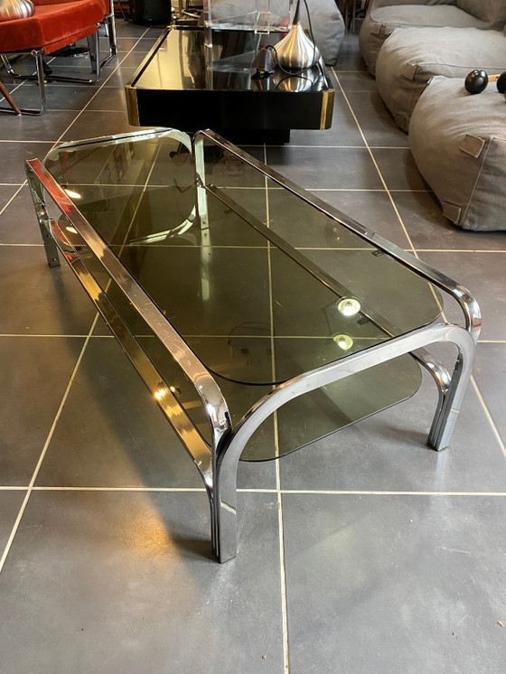 Image 1 of Table basse double plateau verre chrome style Bauhaus vintage 1970